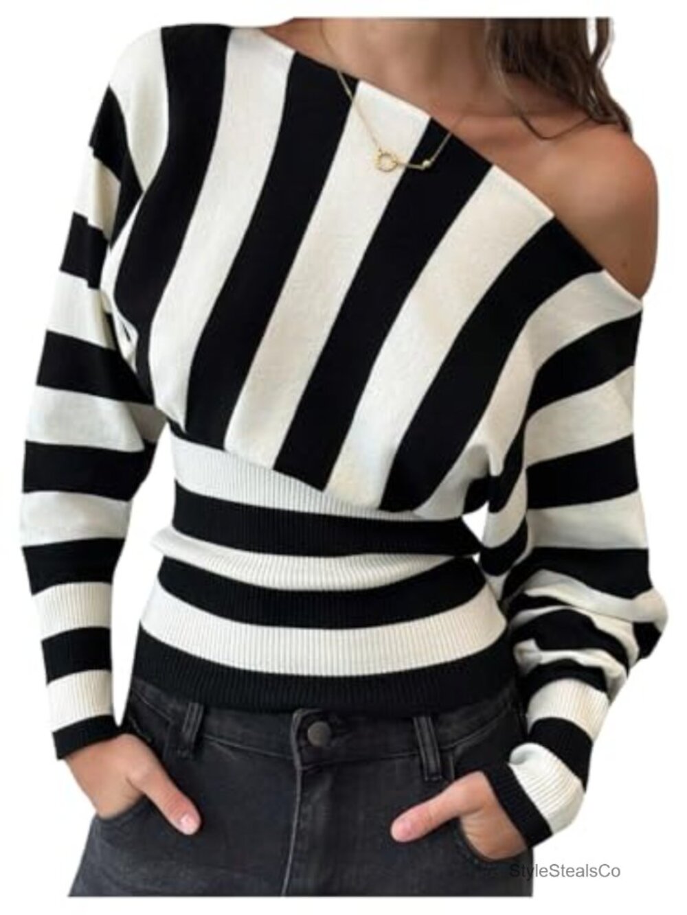 Off Shoulder Striped Sweater Cinched Waist Dolman Sleeve Pullover